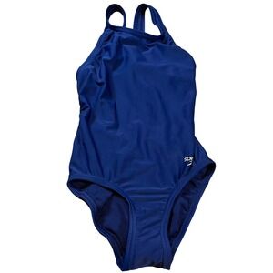 Speedo Academy Leaderback Navy Blue One Piece Swimsuit Kids Size 18 4Y